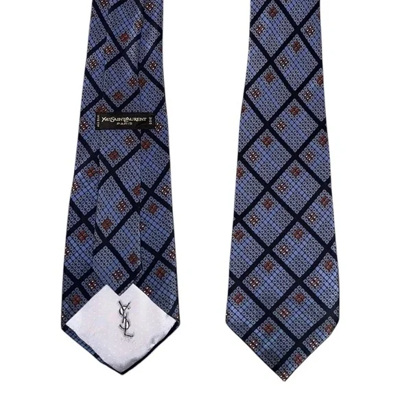 Yves Saint Laurent Paris Designer Blue Burgundy Geometric All Silk Wide Tie - Picture 2 of 4